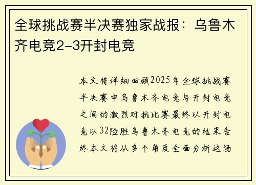 全球挑战赛半决赛独家战报：乌鲁木齐电竞2-3开封电竞