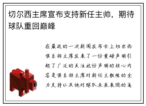 切尔西主席宣布支持新任主帅，期待球队重回巅峰